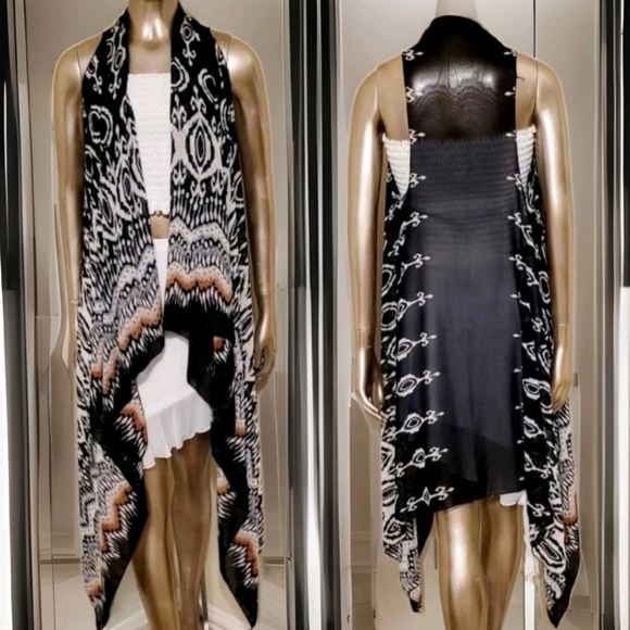 NWT Black Sheer Bohemian Print Long Sleeveless Kimono Vest - Picture 16 of 16
